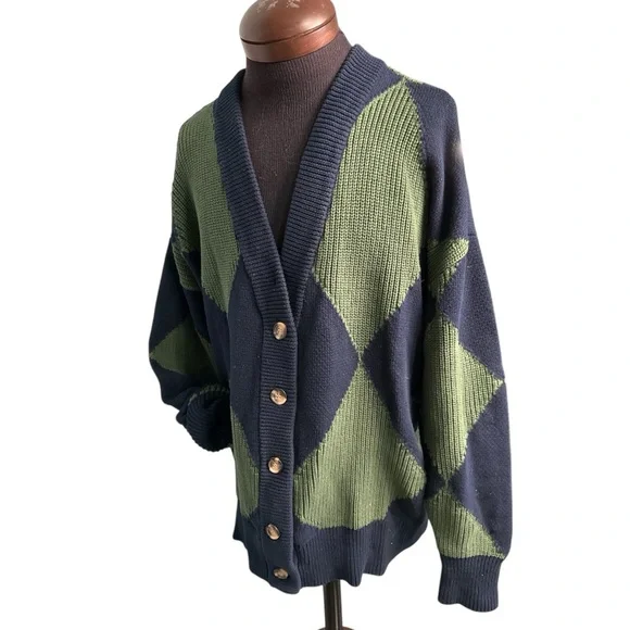 Pistola Men's L Green & Blue Chunky Argyle Cardigan Sweater Preppy Button Down